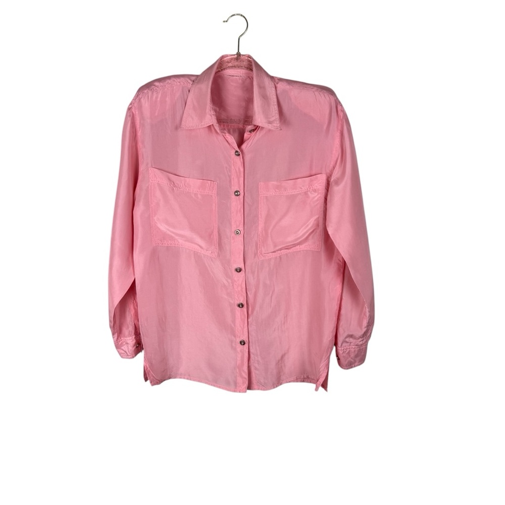 Vintage 100% Silk Blouse Button Down Light Pink Sz Medium 90's Shoulder Pads - Picture 3 of 15
